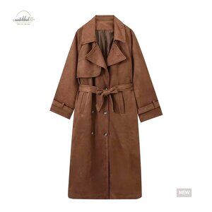 Faux Suede Trench Coat Double Breasted Belted Ankle Length Pea Coat Jacket